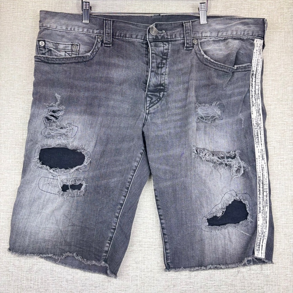 True Religion Mens Size 40 Distressed Logo Tape Denim Shorts Black
